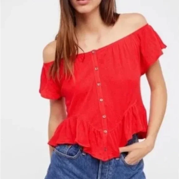 Free People Red Ruffled Peplum Top - Picture 1 of 7